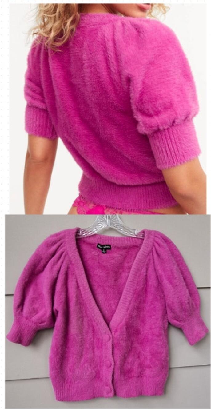 For Love & Lemons Fiona Fuzzy Cardigan Sweater Pink Fuchsia Puffy Sleeves Size M